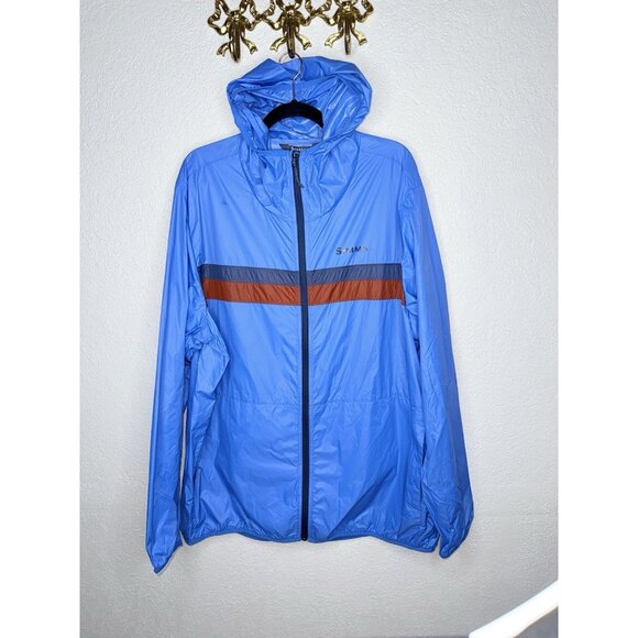 Simms Fishing Packable Waterproof Jacket Blue Hooded Lightweight Vented 2XL F1 - Picture 1 of 8